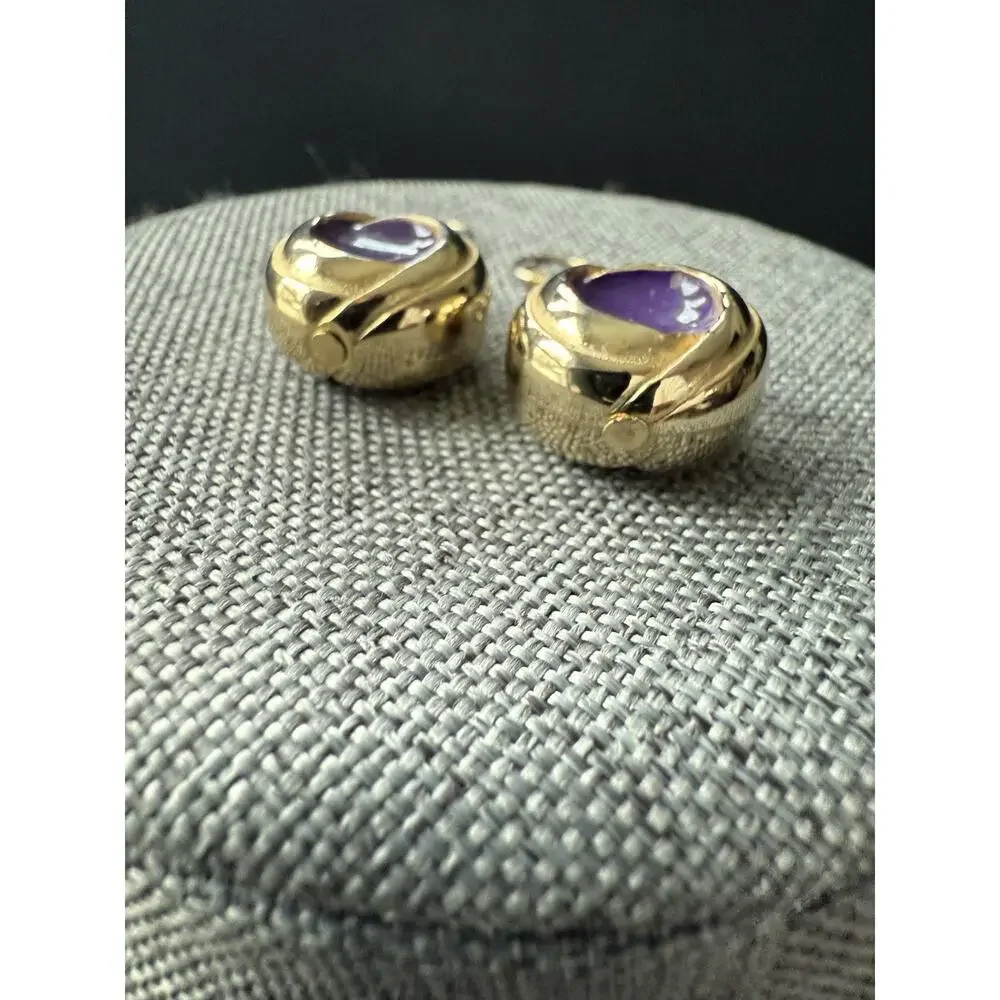 Vintage Enamel Round Hook Earrings Gold Tone Purple Pierced Career Workwear